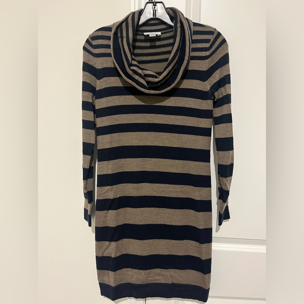 Ann Taylor Loft Sweater Dress, Cowl Neck, Navy/Brown striped, Size petite small